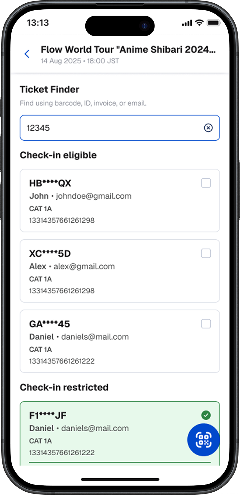 Craftor Ticket Finder check-in screen