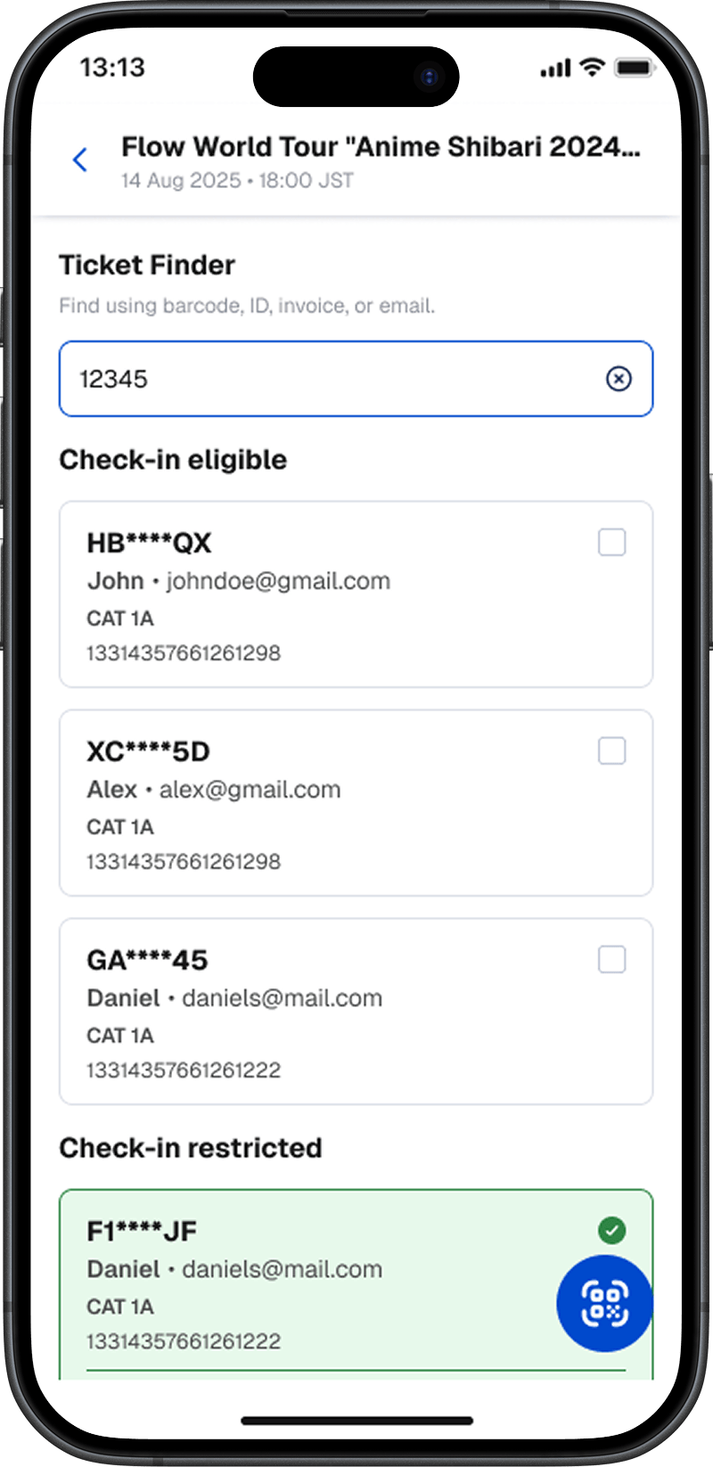 Craftor Ticket Finder check-in screen